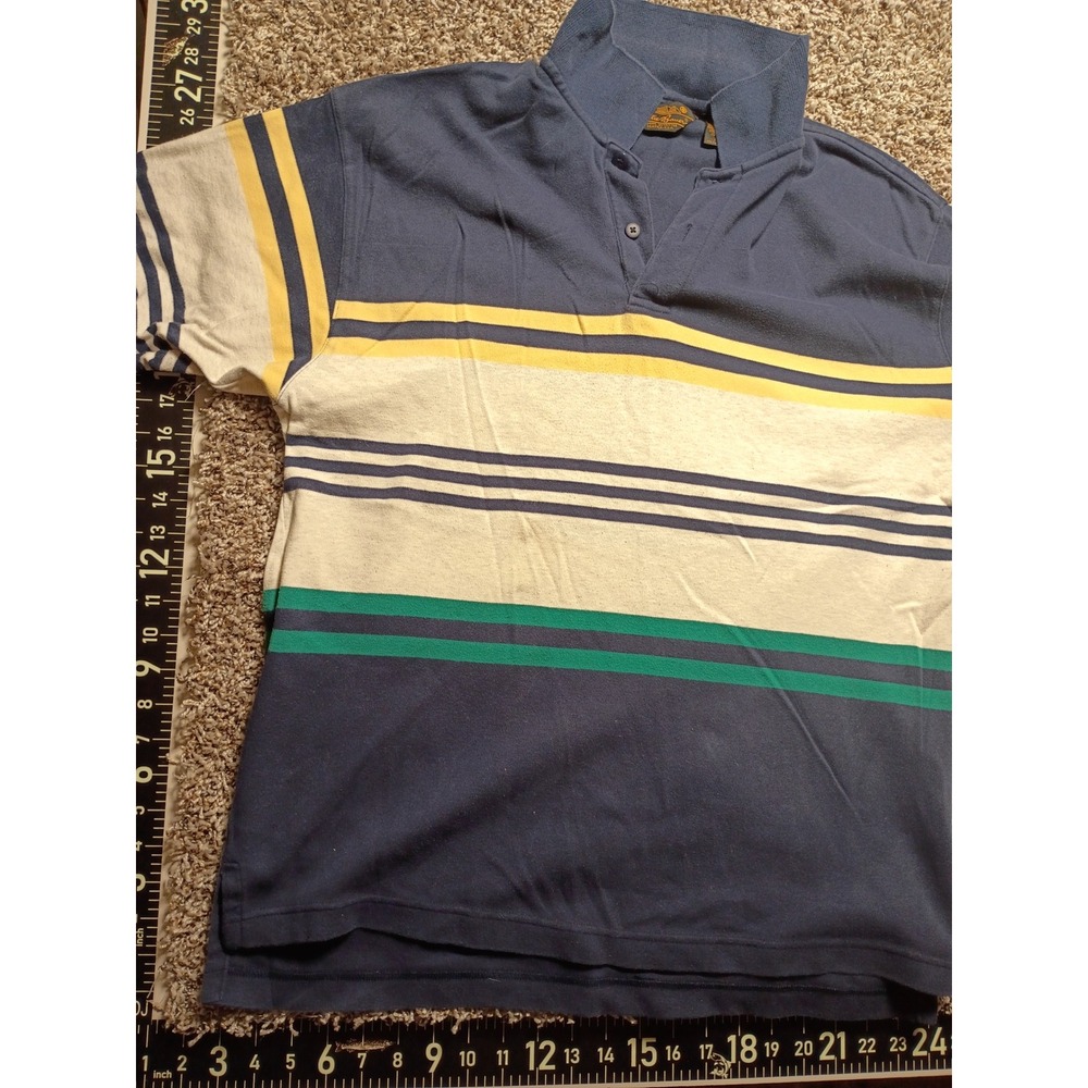 Vintage Eddie Bauer Mens Large Navy Blue Striped Short Sleeve Polo Shirt Cotton